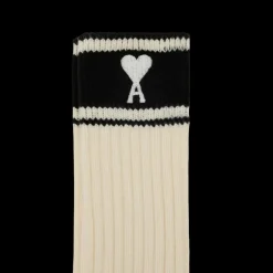 Chaussettes AMI Paris mi mollet coton mélangé bicolore écru noir cœur