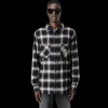 Chemise AMIRI flanelle coton carreaux noir gris logo poitrine dos