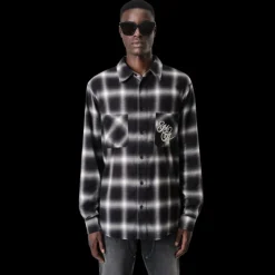 Chemise AMIRI flanelle coton carreaux noir gris logo poitrine dos