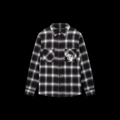 Chemise AMIRI flanelle coton carreaux noir gris logo poitrine dos