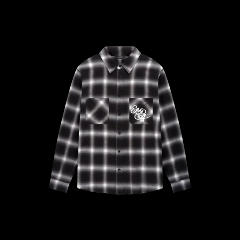 Chemise AMIRI flanelle coton carreaux noir gris logo poitrine dos