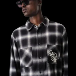 Chemise AMIRI flanelle coton carreaux noir gris logo poitrine dos