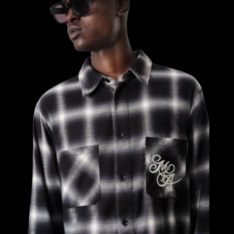 Chemise AMIRI flanelle coton carreaux noir gris logo poitrine dos