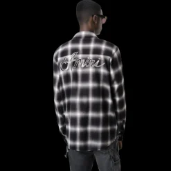 Chemise AMIRI flanelle coton carreaux noir gris logo poitrine dos