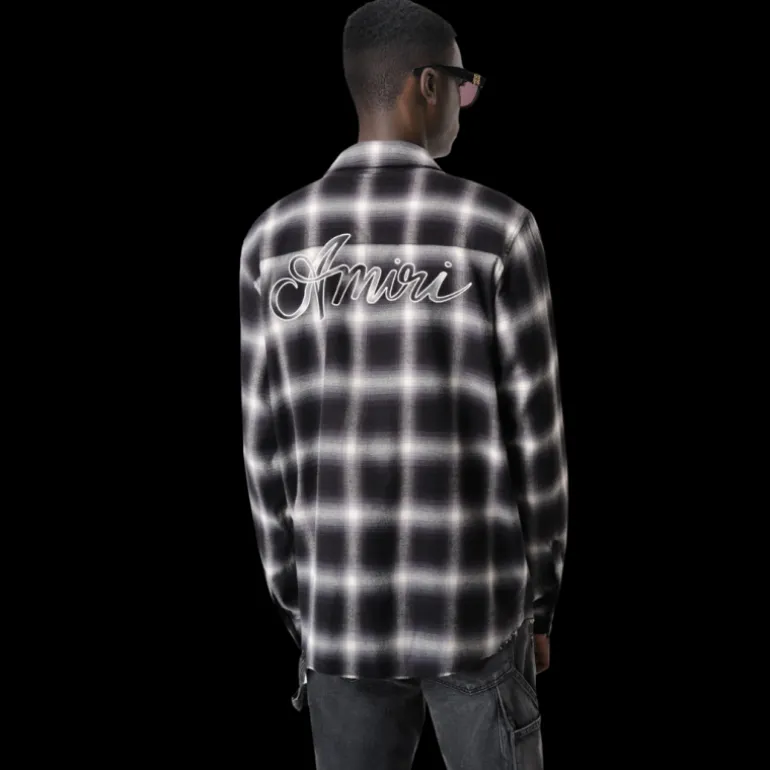 Chemise AMIRI flanelle coton carreaux noir gris logo poitrine dos