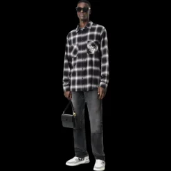 Chemise AMIRI flanelle coton carreaux noir gris logo poitrine dos