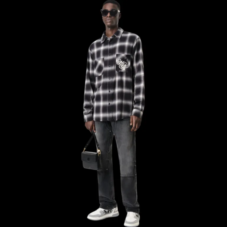 Chemise AMIRI flanelle coton carreaux noir gris logo poitrine dos