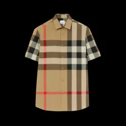 Chemise BURBERRY manche courte popeline coton check gros carreaux beige