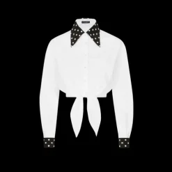 Chemise courte DOLCE & GABBANA à nouer coton blanc poignet col noir pois blanc