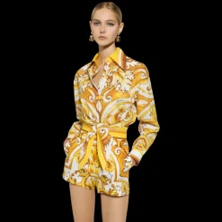 Chemise courte DOLCE & GABBANA à nouer popeline coton blanc imprimé majolique jaune