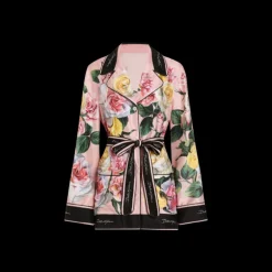 Chemise de pyjama DOLCE & GABBANA soie twill rose imprimé floral ceinture bord noir