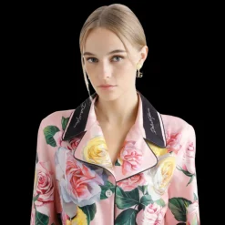 Chemise de pyjama DOLCE & GABBANA soie twill rose imprimé floral ceinture bord noir