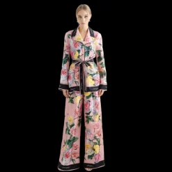 Chemise de pyjama DOLCE & GABBANA soie twill rose imprimé floral ceinture bord noir