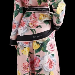 Chemise de pyjama DOLCE & GABBANA soie twill rose imprimé floral ceinture bord noir