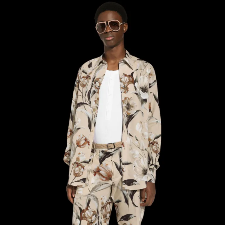 Chemise DOLCE & GABBANA manche longue Martina popeline beige imprimé tulipes