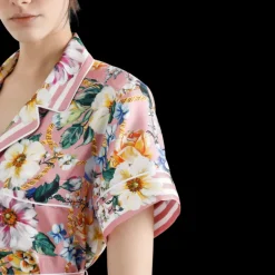Chemise DOLCE & GABBANA soie twill rose pastel imprimé fleurs ceinture à nouer