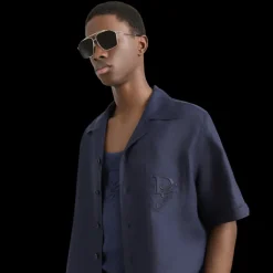 Chemise DOLCE & GABBANA manche courte lin bleu marine broderie logo DG poche