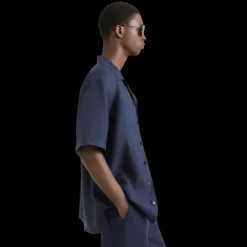 Chemise DOLCE & GABBANA manche courte lin bleu marine broderie logo DG poche