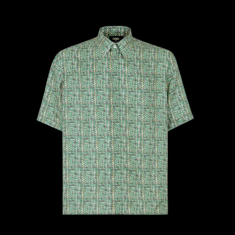 Chemise FENDI col semi italien soie jacquard FF effet tressé vert