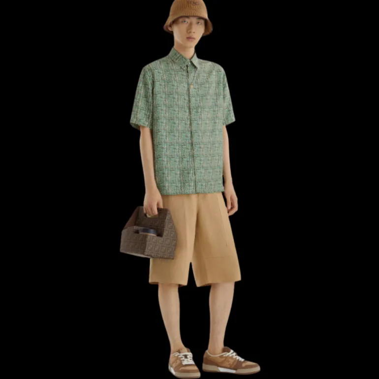 Chemise FENDI col semi italien soie jacquard FF effet tressé vert