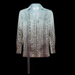 Chemise FENDI col v soie dégradé bleu clair marron micro motif FF
