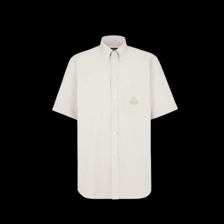 Chemise FENDI manche courte oxford coton beige broderie logo poche