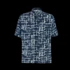 Chemise FENDI manche courte lin bleu imprimé FF blanc effet effrangé