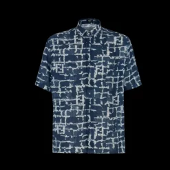 Chemise FENDI manche courte lin bleu imprimé FF blanc effet effrangé
