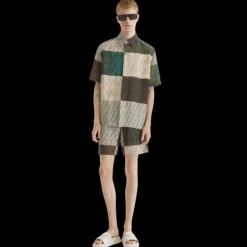 Chemise FENDI manche courte lin FF marron vert patchwork