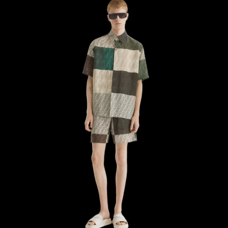 Chemise FENDI manche courte lin FF marron vert patchwork