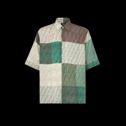 Chemise FENDI manche courte lin FF marron vert patchwork