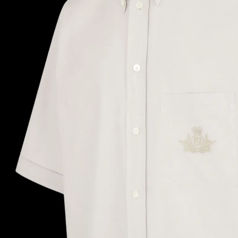 Chemise FENDI manche courte oxford coton beige broderie logo poche