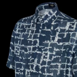 Chemise FENDI manche courte lin bleu imprimé FF blanc effet effrangé