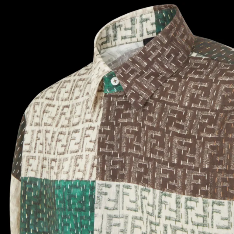 Chemise FENDI manche courte lin FF marron vert patchwork