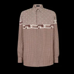 Chemise FENDI soie vichy pied de poule blanc marron chaîne Fendi O’Lock