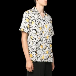 Chemise LANVIN manches courtes soie noire imprimé floral blanc jaune
