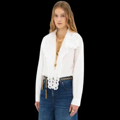 Chemise lavallière CHLOE col V popeline de coton blanc broderie anglaise