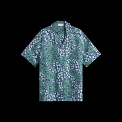 Chemise manche courte LANVIN soie vert bleu fleurs bleu ciel