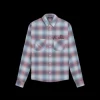 Chemise manche longue AMIRI flanelle carreaux bleu rouge logo écriture poitrine dos