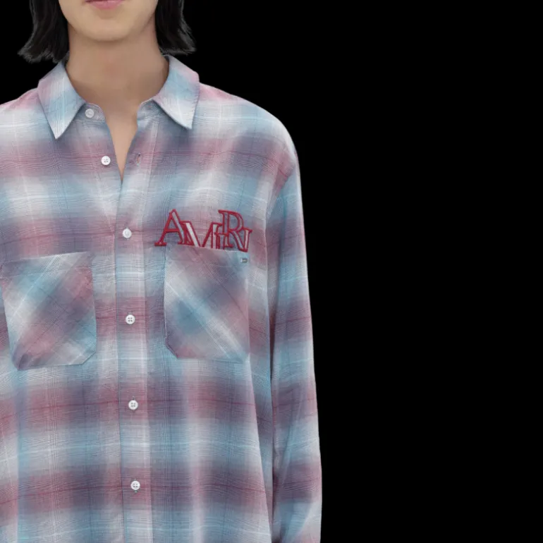 Chemise manche longue AMIRI flanelle carreaux bleu rouge logo écriture poitrine dos