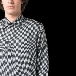 Chemise manche longue AMIRI soie pied de poule multi logo noir blanc