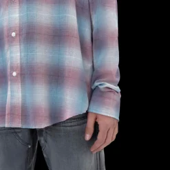 Chemise manche longue AMIRI flanelle carreaux bleu rouge logo écriture poitrine dos