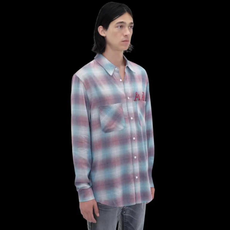 Chemise manche longue AMIRI flanelle carreaux bleu rouge logo écriture poitrine dos