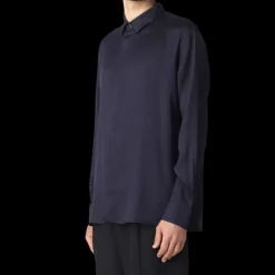 chemise manches longues SAINT LAURENT soie mate et brillante motif ton sur ton bleu nuit