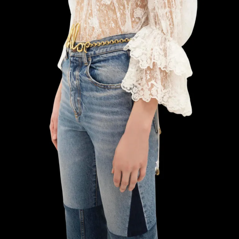 CHLOE Jean patchwork évasé denim souple coton bio tricolore bleu