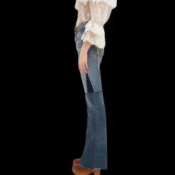 CHLOE Jean patchwork évasé denim souple coton bio tricolore bleu