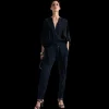 Combinaison pantalon BARBARA BUI crêpe fluide bleu marine zippé cordon ceinture