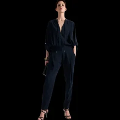 Combinaison pantalon BARBARA BUI crêpe fluide bleu marine zippé cordon ceinture