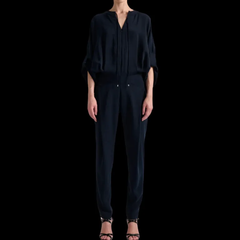 Combinaison pantalon BARBARA BUI crêpe fluide bleu marine zippé cordon ceinture