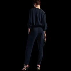 Combinaison pantalon BARBARA BUI crêpe fluide bleu marine zippé cordon ceinture